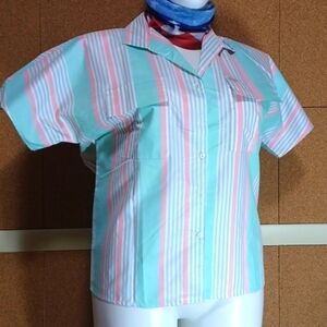 CABRAIS Short Sleeve Button Down TOP PINK AND GREEN STRIPED COTTON SIZE Large